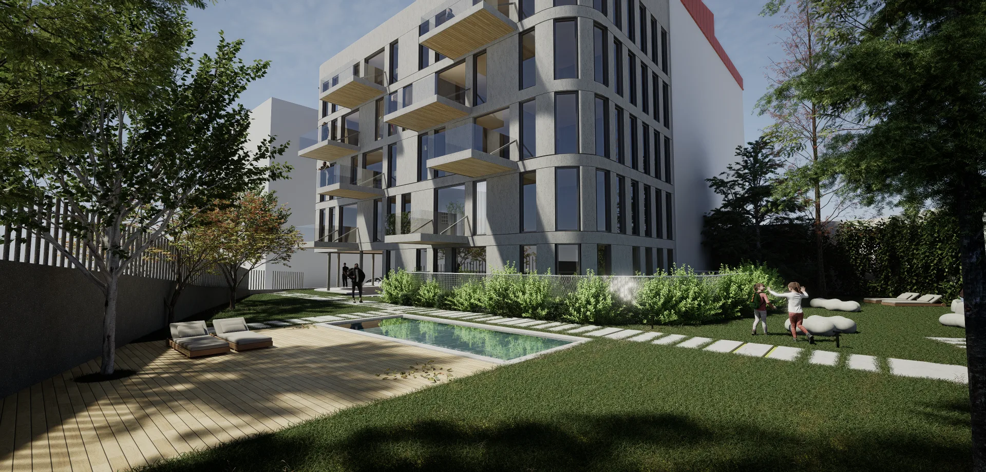 Vista del residencial Atlantic Oasis desde el jardín y la piscina
