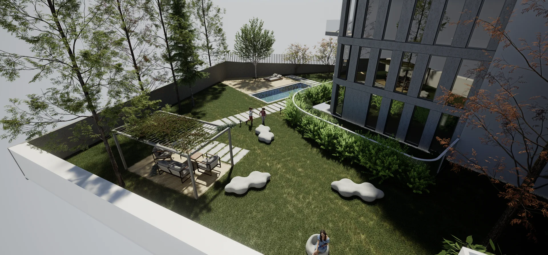 Jardín comunitario de Atlantic Oasis visto desde una planta alta